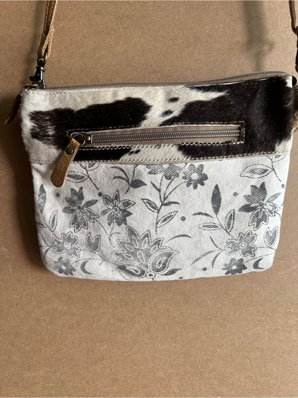 Myra Bag Black and White Floral Canvas Crossbody with Cowhide Trim